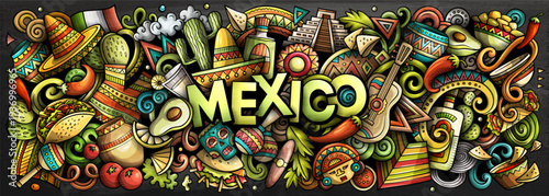 Mexico vector illustration with culture, traditions, food, sombreros, cactuses, pyramids and music. Perfect for travel, tourism, festivals and holiday design