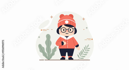 A cartoon child in winter attire, wearing a hat and glasses, stands amidst plants