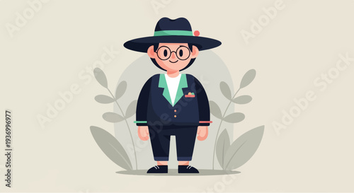 Stylized figure in a hat and suit, framed by abstract foliage