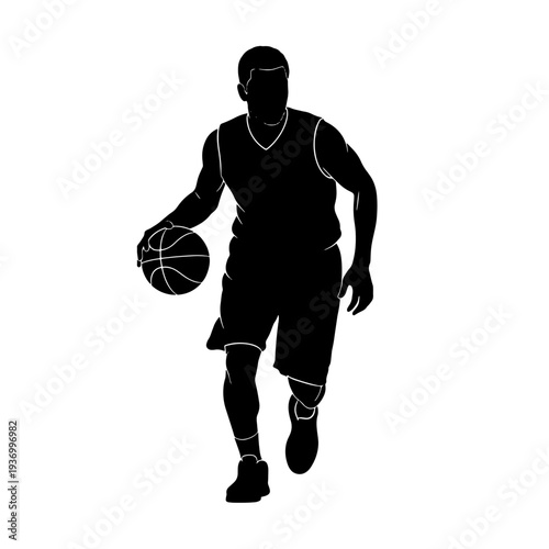 Silhouette of a male basketball player dribbling a ball during a game or practice session.