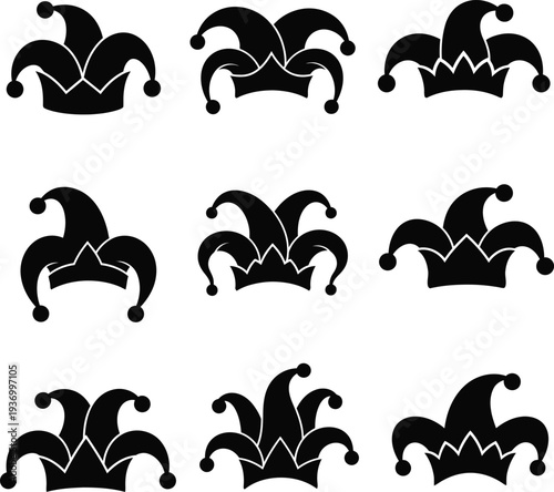 Collection of nine black jester hats in various orientations