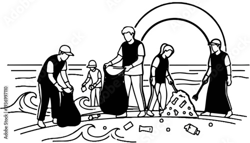 People cleaning up beach trash with bags and tools under a rainbow