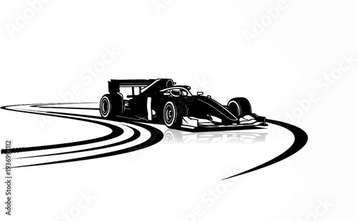 Sleek race car speeds around track, leaving tire marks