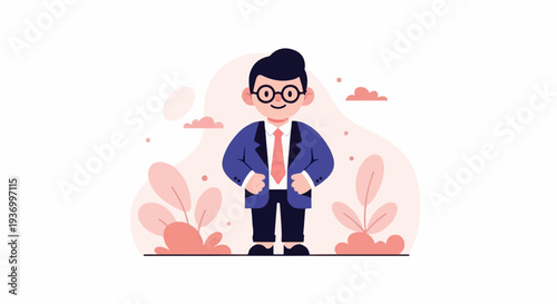 A man in a blue suit and tie stands with his hands on his hips