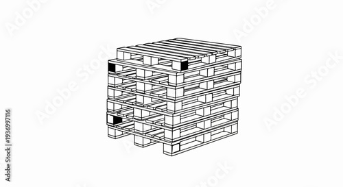 Stack of six wooden shipping platforms, line art, isolated on white