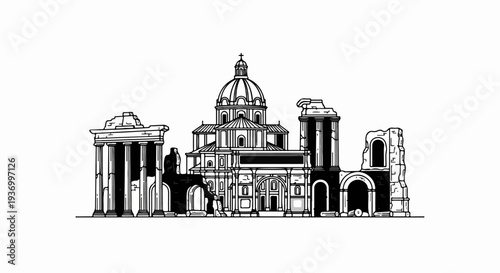 Black and white line art of ancient Roman ruins and a domed building