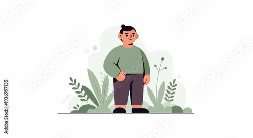A person stands peacefully amidst stylized green foliage and abstract shapes