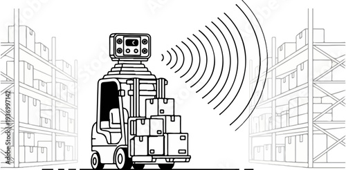 Forklift with sensor transmits data amidst warehouse storage racks
