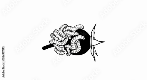 Cluster of caterpillars feeding on a dark, rounded object with petal-like projections