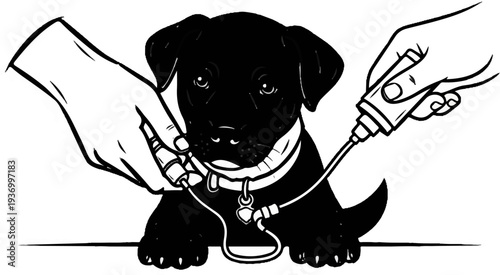 Puppy being fitted with an IV drip by two hands