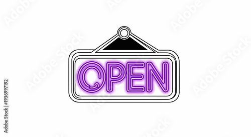 Illuminated purple neon sign displays the word "OPEN" against a white background
