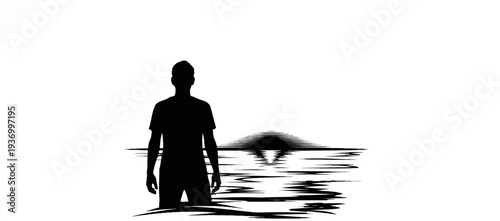 Solitary figure stands in water watching stylized sun setting over rippling waves