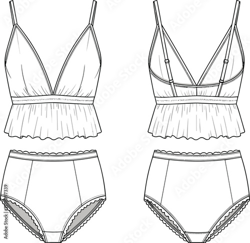 Women’s lingerie set, bralette top, high‑waisted panties, lace trim, fashion illustration, technical sketch, garment construction, apparel design, clothing template