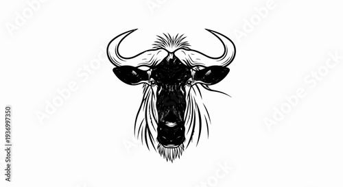 Stylized black and white sketch of a wildebeest head with horns