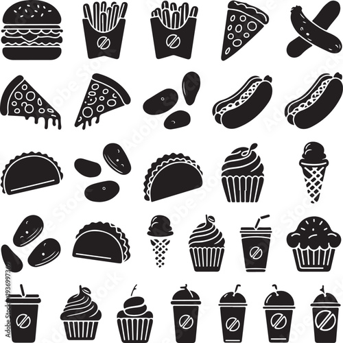 Black and white illustrations of various fast food items