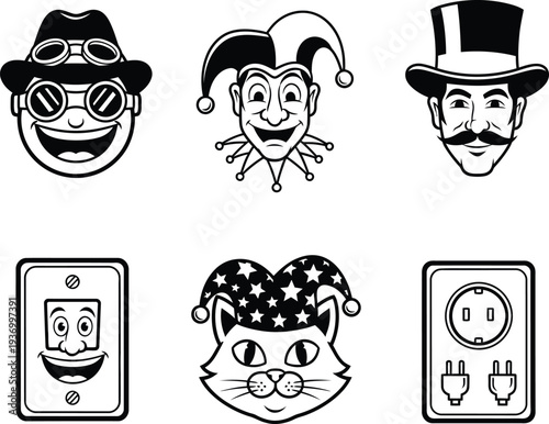 Black and white illustrations of various characters and electrical outlets