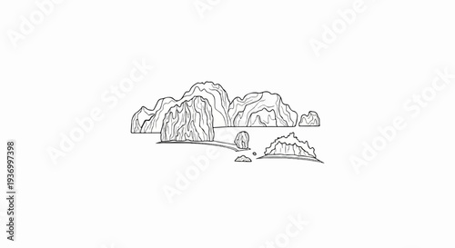 Line drawing of limestone karst islands rising from calm water