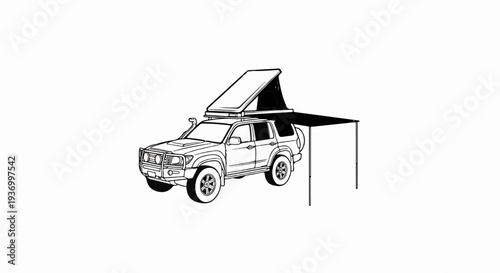 Rugged off-road vehicle equipped with a pop-up roof tent and awning