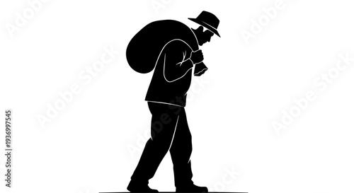 A black silhouette of a man wearing a hat and carrying a large sack over his shoulder, walking.