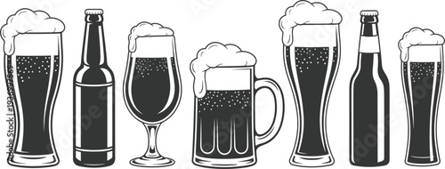 Vintage beer glasses and bottles collection set with cold lager foam for pub menu design, vector
