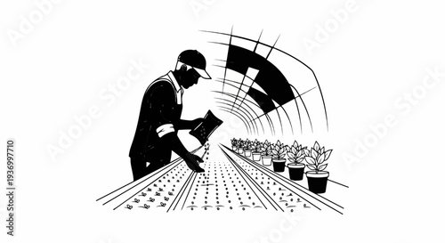 Silhouette of a person tending to plants inside a greenhouse
