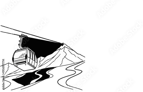 Cable car ascending over a winding river and mountain landscape