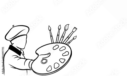 Silhouette of an artist in a beret holding a paint palette with brushes