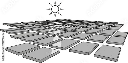 Stylized drawing of a tiled surface under a sun
