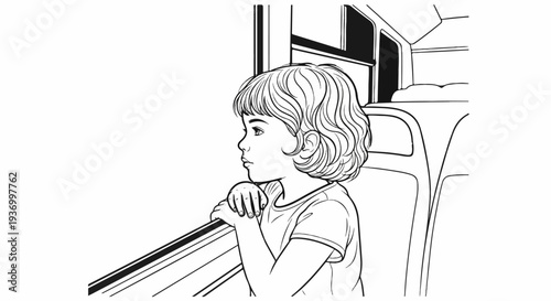 Child looking out window of vehicle, pensive