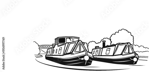 Two canal boats moored side-by-side on a waterway with trees behind