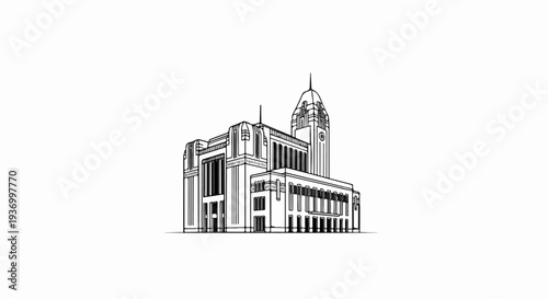 Sketch of a grand building with a prominent clock tower and decorative facade