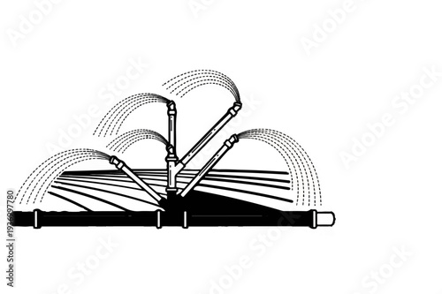 Sprinkler system watering rows of crops with water jets