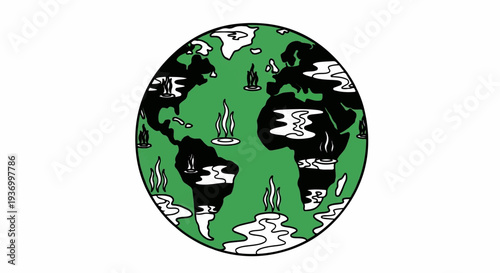 Stylized globe with continents and steaming, burning elements representing environmental issues