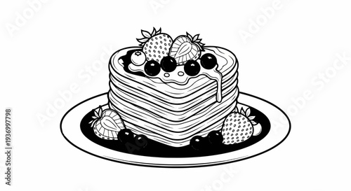 Stacked pancakes with berries and syrup on a plate