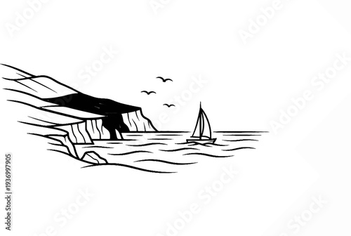 A sailboat navigates choppy waters near a dark, imposing cliff face