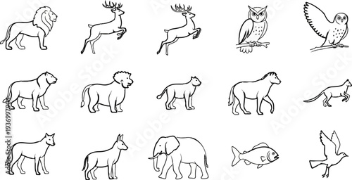 Collection of diverse animal illustrations lions, deer, owls, horses, foxes, elephants, fish