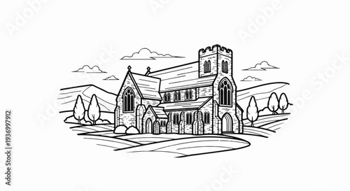 A stone church with Gothic architecture stands on a hill amidst trees and rolling landscape