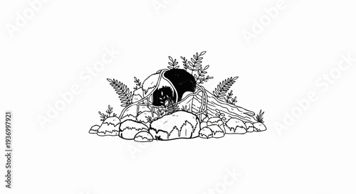 Stylized black and white drawing of an animal in a den of rocks and plants