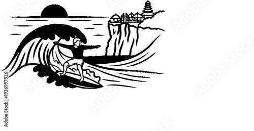 Surfer riding a large wave near cliffs with temple structures