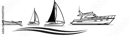 A rowboat, two sailboats, and a motor yacht on wavy water