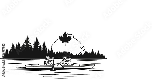 Two people in a canoe paddle across a lake with a forest and maple leaf outline in background