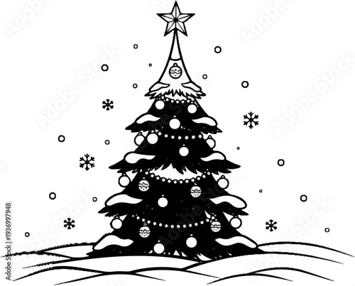 Decorated evergreen tree with ornaments and star topper amidst snowfall