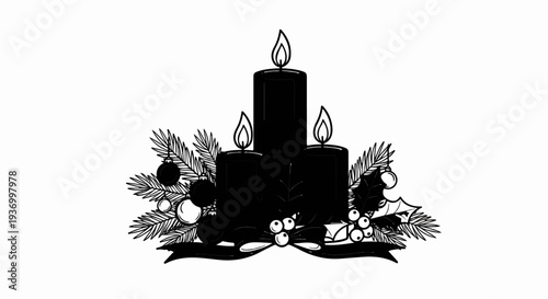 Three lit candles nestled with evergreen branches and festive ornaments