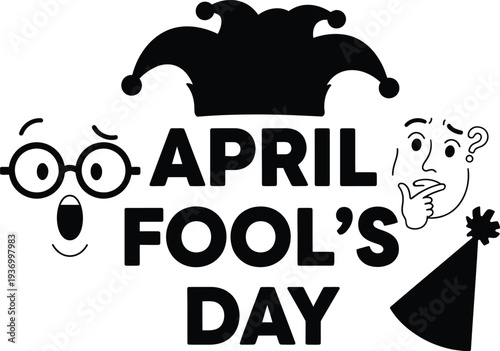 April fool's day cartoon illustration with jester hat and party elements