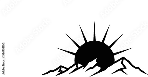 Stylized black sun rising over jagged mountain peaks, graphic