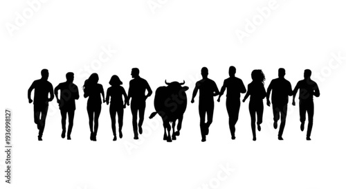 Silhouette of people running with a cow in a line formation