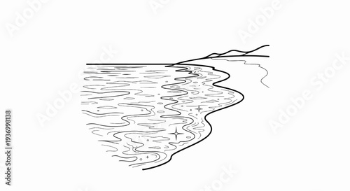Stylized depiction of a serene shoreline with rippling water and distant hills