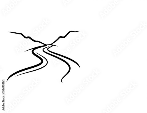 Stylized brush strokes depict a winding path through mountainous terrain
