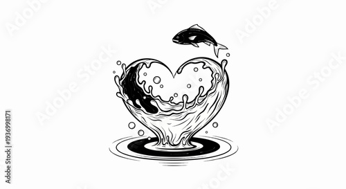 Heart-shaped water splash with a fish jumping out
