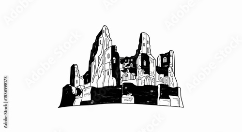 Ink drawing of ancient stone ruins with dramatic shadows